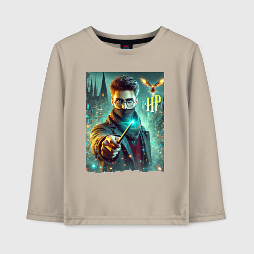 Детский лонгслив Harry Potter with a magic wand - ai art fantasy / Миндальный – фото 1