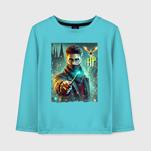 Детский лонгслив Harry Potter with a magic wand - ai art fantasy / Бирюзовый – фото 1