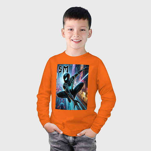 Детский лонгслив Neon Spider-man - ai art fantasy / Оранжевый – фото 3