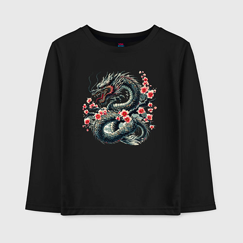 Детский лонгслив Japanese dragon and sakura - irezumi / Черный – фото 1