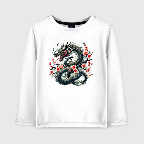 Детский лонгслив Japanese dragon and sakura - irezumi / Белый – фото 1