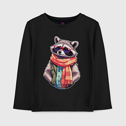Лонгслив хлопковый детский Модный енот в очках и шарфе, цвет: черный