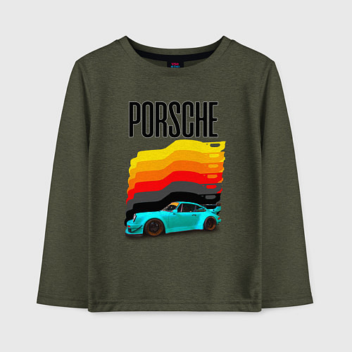 Детский лонгслив Автомобиль Porsche на фоне флага Германии / Меланж-хаки – фото 1