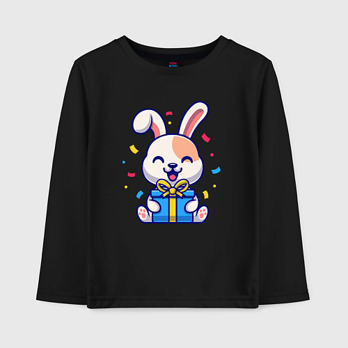 Детский лонгслив Радостный зайчик с подарком / Черный – фото 1