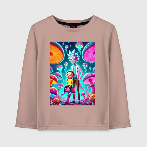 Детский лонгслив Морти сидит на грибе рядом с Риком / Пыльно-розовый – фото 1