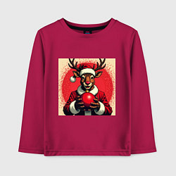 Лонгслив хлопковый детский Рождественский олень Рудольф в шапке Санты, цвет: маджента