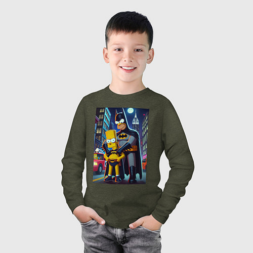 Детский лонгслив Batsimpson with son Bart - ai art fantasy / Меланж-хаки – фото 3