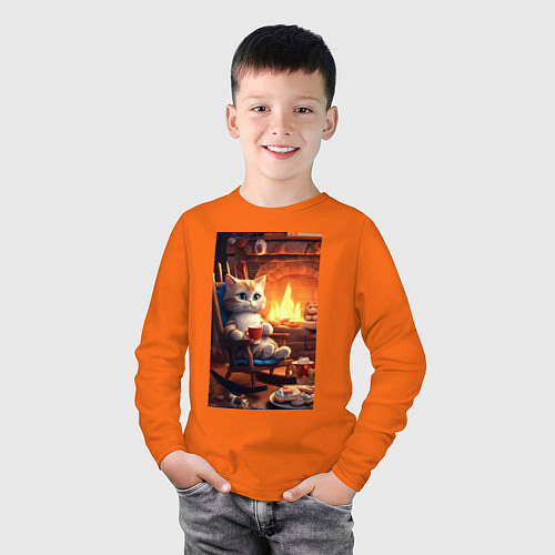 Детский лонгслив Уютный кот у камина с чашкой какао / Оранжевый – фото 3