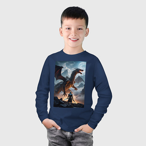 Детский лонгслив Сражение с драконом / Тёмно-синий – фото 3