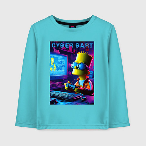 Детский лонгслив Cyber Bart is an avid gamer / Бирюзовый – фото 1