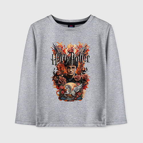 Детский лонгслив Гарри Поттер на фоне феникса и пегаса / Меланж – фото 1
