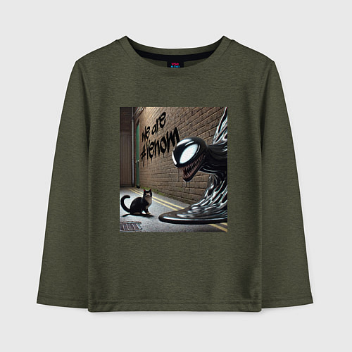 Детский лонгслив Cat and Symbiote - we are Venom meme / Меланж-хаки – фото 1