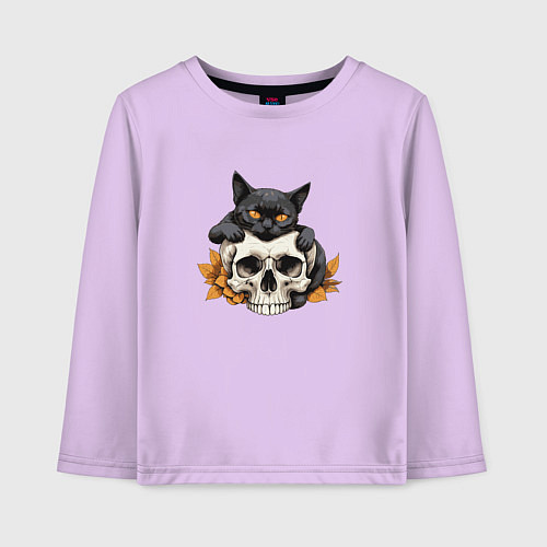 Детский лонгслив Кошка обнимает череп / Лаванда – фото 1