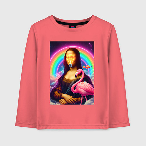 Детский лонгслив Мона Лиза - лампочка и розовый фламинго / Коралловый – фото 1