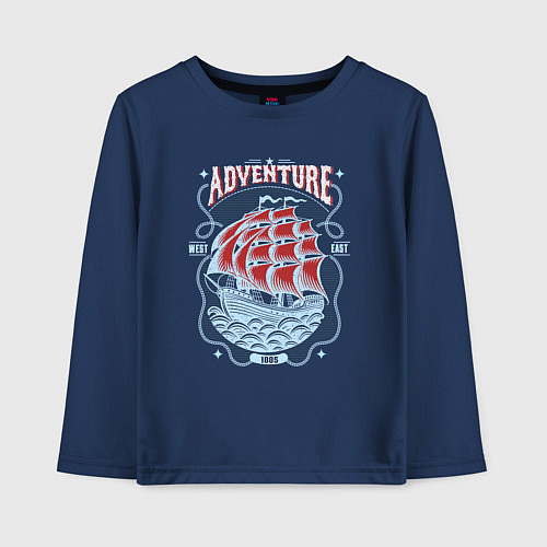 Детский лонгслив Корабль Адвенчер с надписью на темном фоне / Тёмно-синий – фото 1