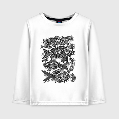 Детский лонгслив Рыбы в народном стиле с орнаментами / Белый – фото 1