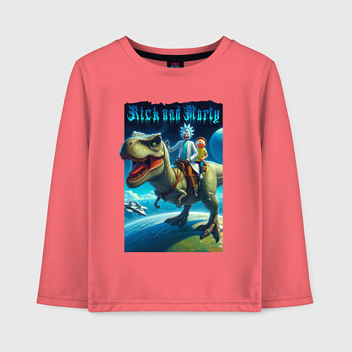 Детский лонгслив Рик и Морти верхом на тираннозавре / Коралловый – фото 1