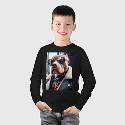 Лонгслив хлопковый детский Чувак питбуль в тёмных очках, цвет: черный — фото 2