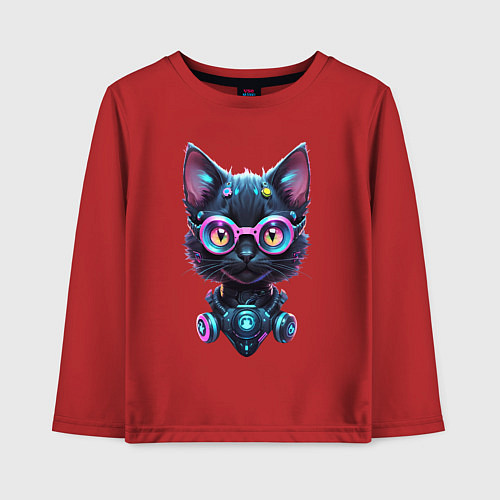 Детский лонгслив Прикольный котёнок - киберпанк / Красный – фото 1