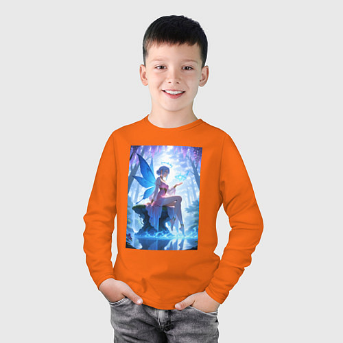 Детский лонгслив Прекрасная фея посреди лесного пруда / Оранжевый – фото 3