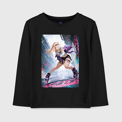 Детский лонгслив Девушка на роликах исполняет трюки / Черный – фото 1