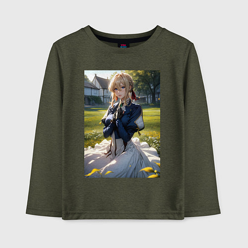 Детский лонгслив Вайолет Эвергарден на лугу / Меланж-хаки – фото 1