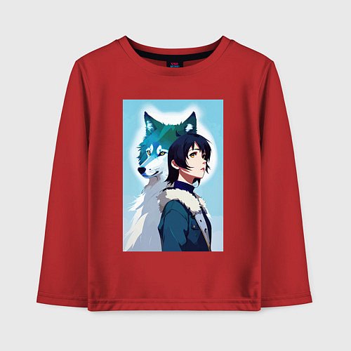Детский лонгслив Мечтательная девчонка и волк - нейроарт / Красный – фото 1