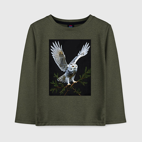 Детский лонгслив Белая сова на дереве / Меланж-хаки – фото 1
