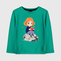 Лонгслив хлопковый детский Рыжая девушка читает книгу, цвет: зеленый