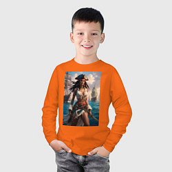 Лонгслив хлопковый детский Пиратка на фона флотилии кораблей, цвет: оранжевый — фото 2