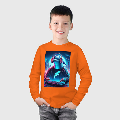 Детский лонгслив Dolphin is esports player - ai art fantasy / Оранжевый – фото 3