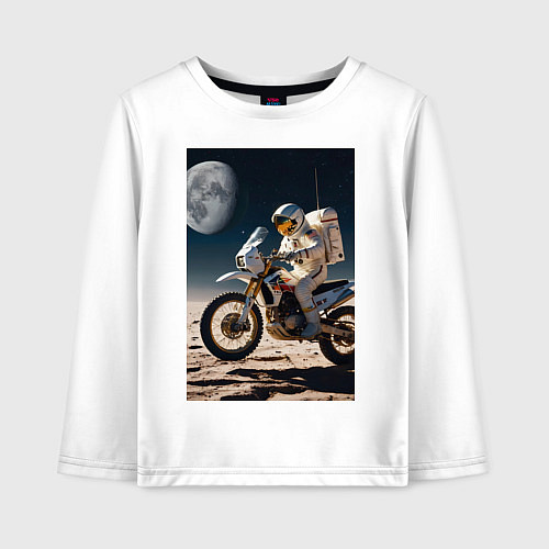 Детский лонгслив Космонавт ездит на мотоцикле по Луне / Белый – фото 1