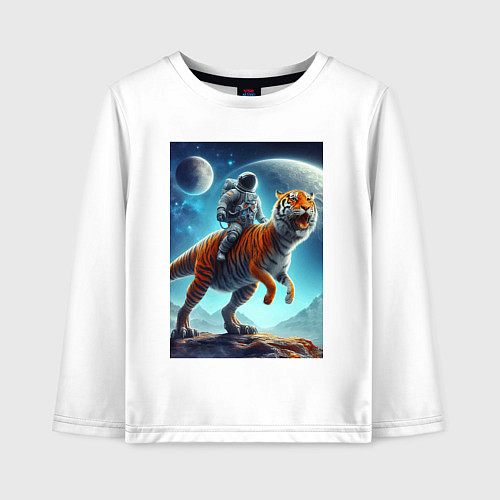 Детский лонгслив Космонавт верхом на тигрозавре - затерянная планет / Белый – фото 1