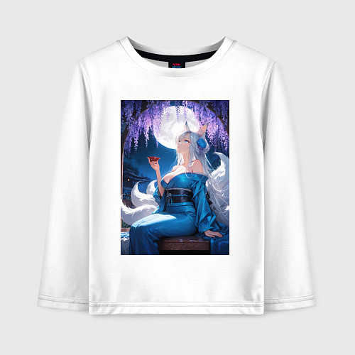 Детский лонгслив Лисица в кимоно любуется цветением глицинии / Белый – фото 1