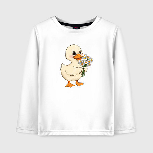 Детский лонгслив Милая уточка с букетом ромашек / Белый – фото 1