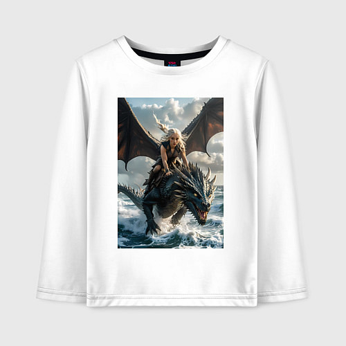 Детский лонгслив Девушка летит на драконе в стиле Игры престолов / Белый – фото 1
