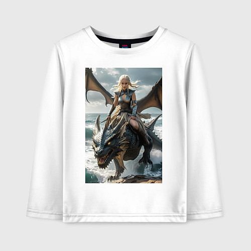 Детский лонгслив Девушка летит на драконе в стиле Игры престолов / Белый – фото 1