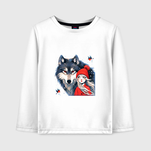 Детский лонгслив Красивый серый волк и шапочка Красная / Белый – фото 1