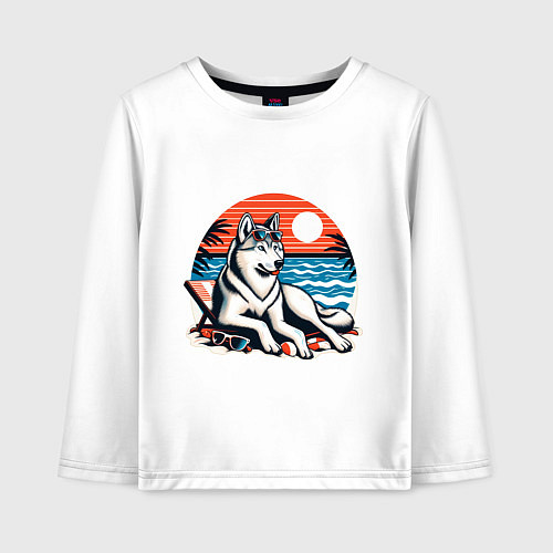 Детский лонгслив Хаски отдыхает на пляже / Белый – фото 1