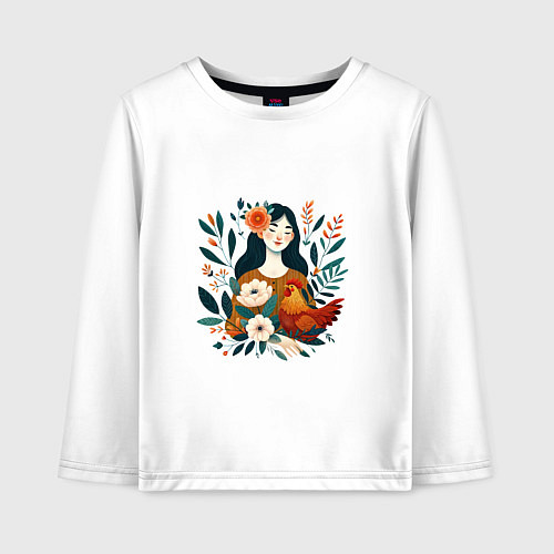 Детский лонгслив Девушка и курица в окружении цветов / Белый – фото 1