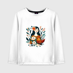 Лонгслив хлопковый детский Девушка и курица в окружении цветов, цвет: белый