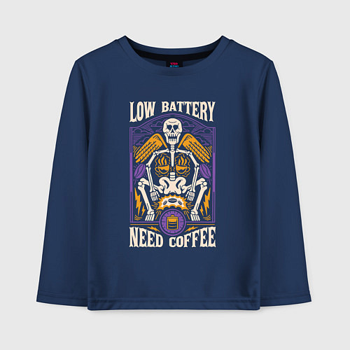 Детский лонгслив Low battery need coffee / Тёмно-синий – фото 1