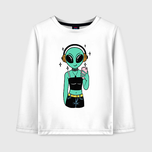 Детский лонгслив Девочка инопланетянин с телефоном / Белый – фото 1
