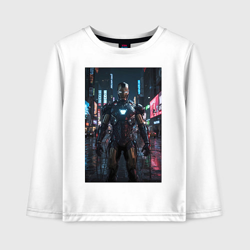 Детский лонгслив Железный человек посреди ночного города / Белый – фото 1