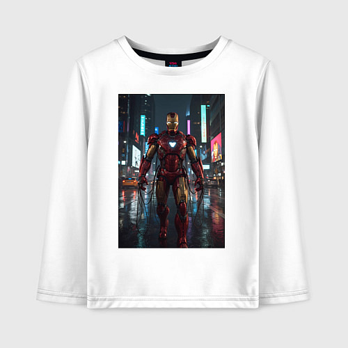 Детский лонгслив Железный человек посреди ночного города / Белый – фото 1