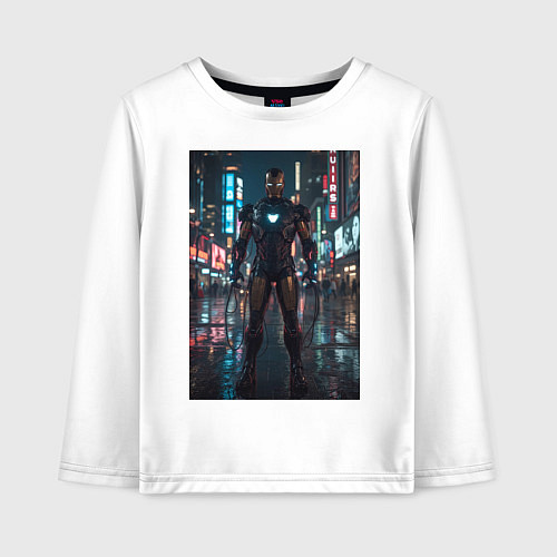 Детский лонгслив Железный человек посреди ночного города / Белый – фото 1