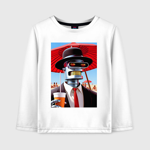 Детский лонгслив Бендер в костюме и шляпе на пляже - прикол / Белый – фото 1