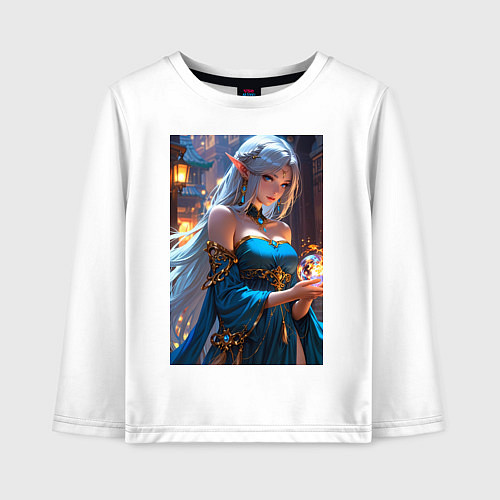 Детский лонгслив Прекрасная эльийка-маг с шаром огня / Белый – фото 1