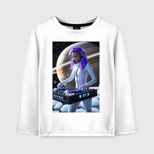Детский лонгслив Девушка космо DJ на фоне сатурна / Белый – фото 1