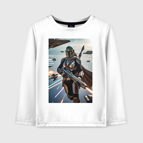 Детский лонгслив Девушка-мандалорец летит в космосе / Белый – фото 1